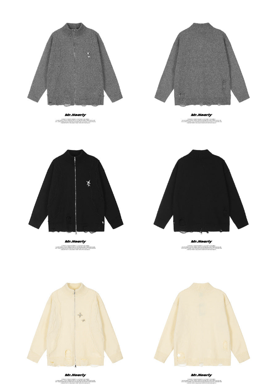 ダメージジップアップニットカーディガン 3色展開 前後デザイン High land