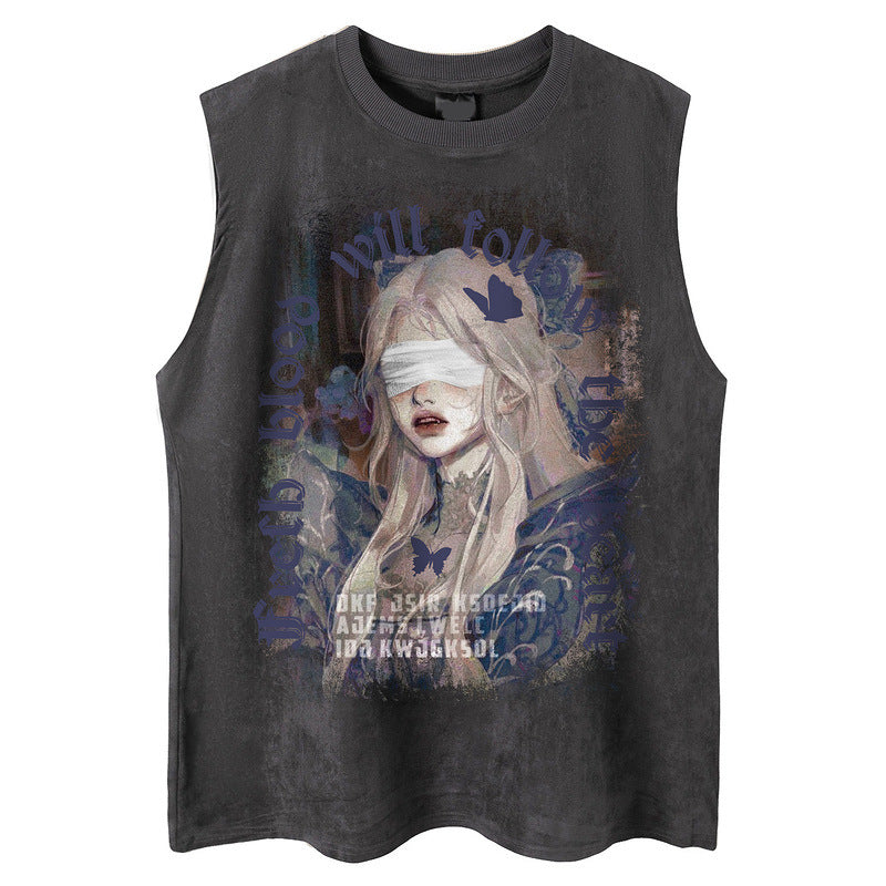 グラフィックガール ノースリーブTシャツ ブラック アーティスティックプリント Highland