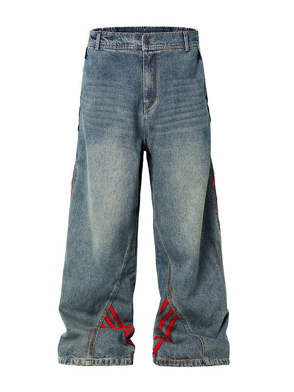 サイドラインワイドデニムパンツ 正面 ヴィンテージ加工 レッドライン ユニセックス 韓国ストリート High land