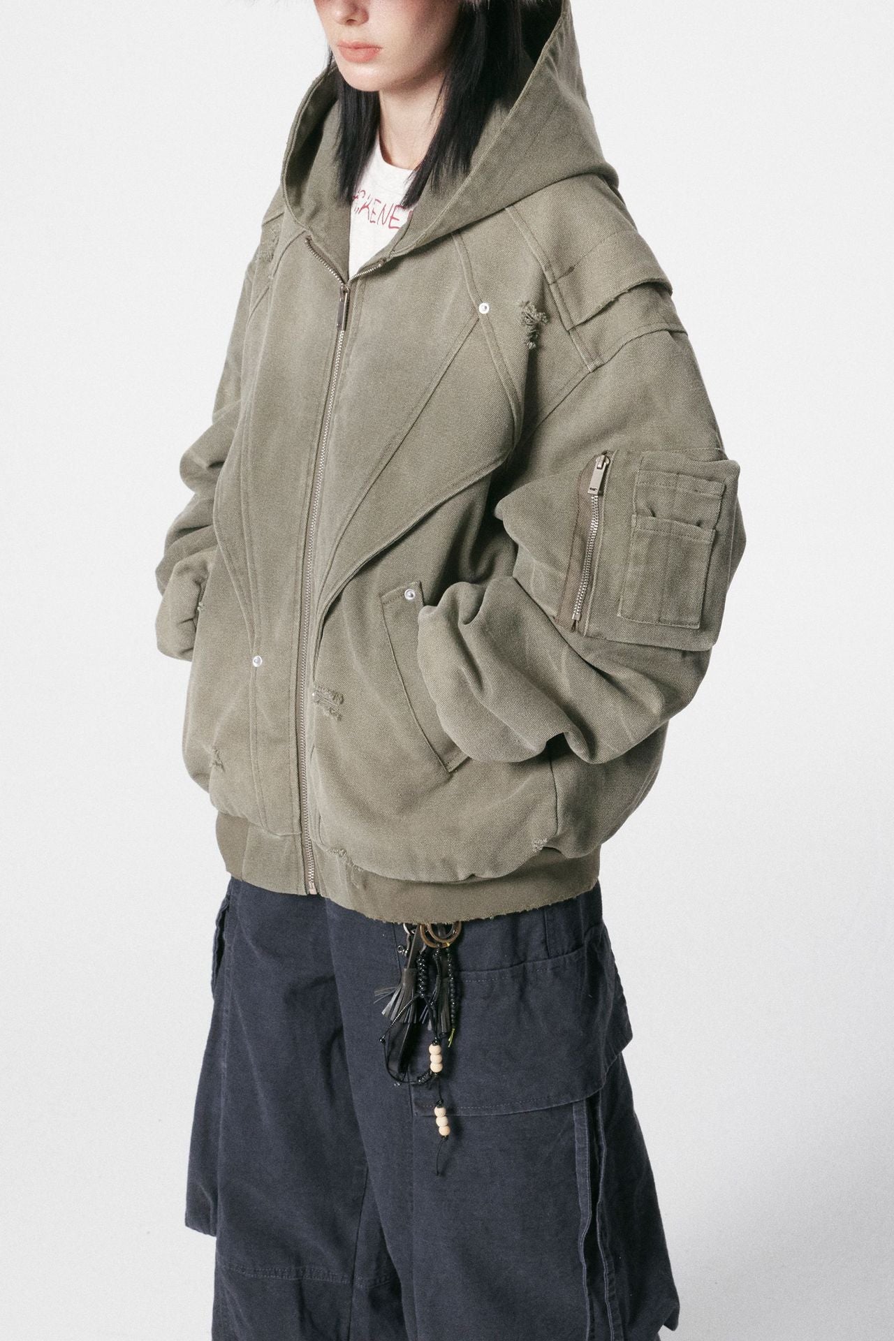 ヴィンテージダメージ加工フードジャケット|ミリタリーストリート系ユニセックス ビッグシルエット【Highland】