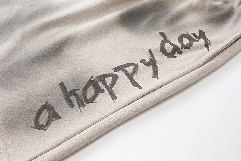 グラデーション スウェットショーツ “a happy day”／ユニセックス ワイドシルエット ストリートハーフパンツ【High land】