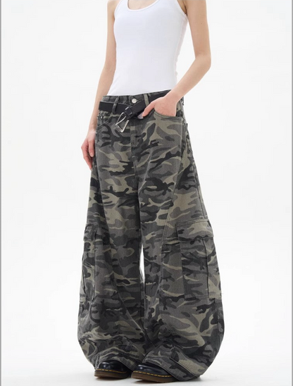 超ワイド カーゴパンツ カモフラージュ フロントシルエット 韓国ストリート High land