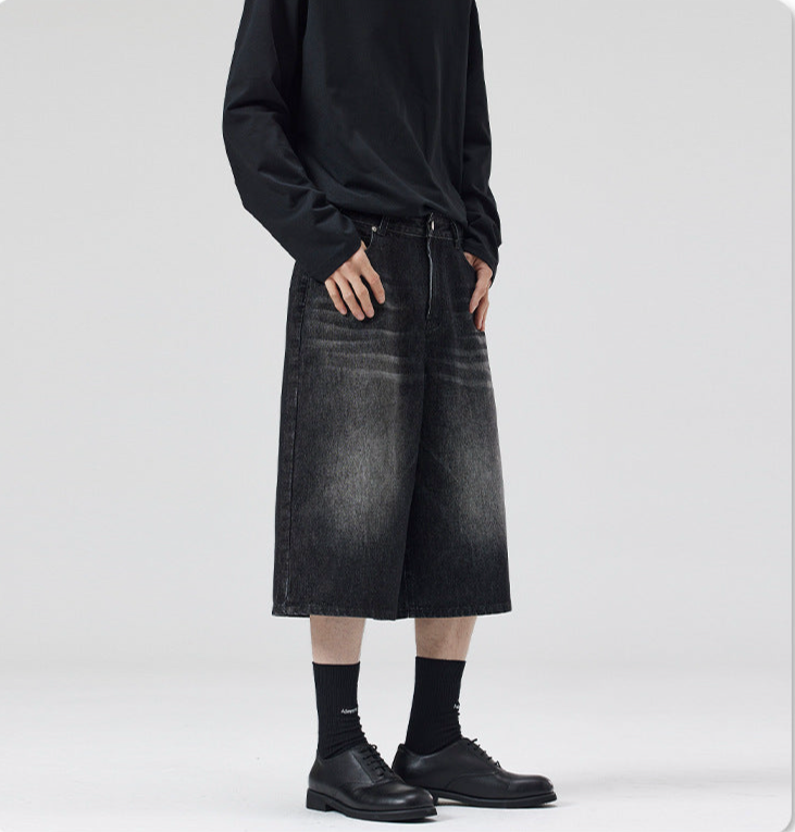 ワイドデニムショーツ サイドシルエット バミューダ丈 High land