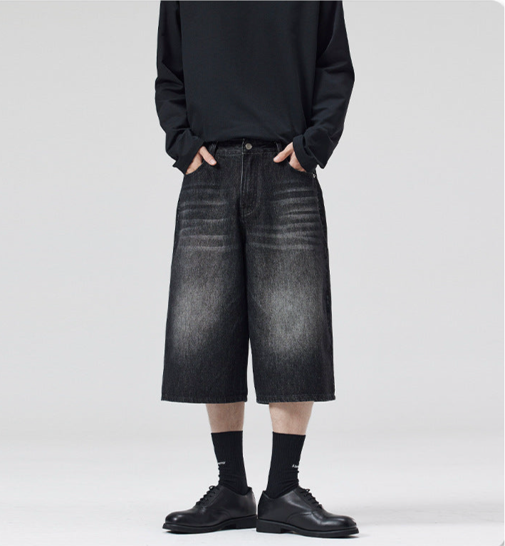 ワイドバギーデニムショーツ ブラックコーデ Y2K 韓国ファッション High land