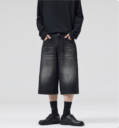 ワイドバギーデニムショーツ ブラックコーデ Y2K 韓国ファッション High land