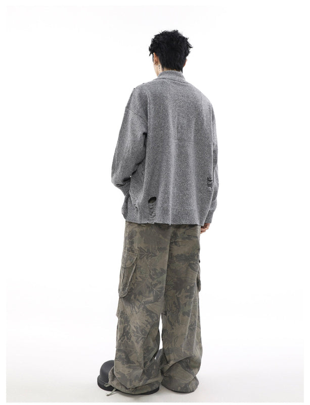 ダメージジップアップニットカーディガン グレー バックスタイル High land