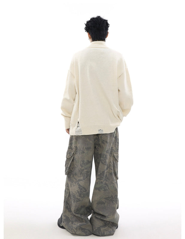 ダメージジップアップニットカーディガン アイボリー バックシルエット High land