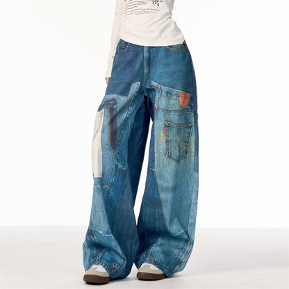 パッチワークワイドデニムパンツ フロント斜めアングル コットン素材