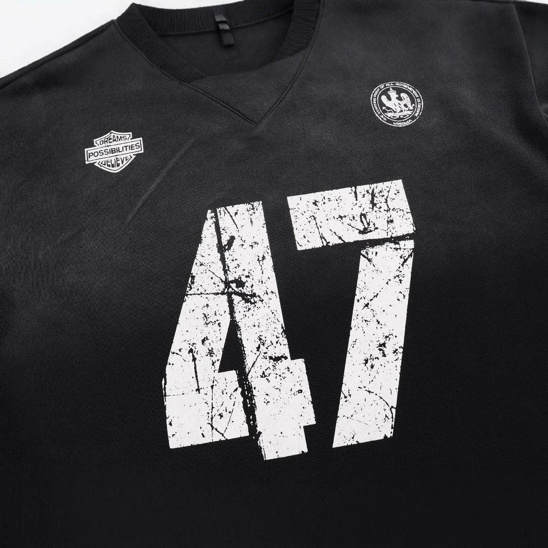 ビッグナンバー「47」プリント ヴィンテージ加工 ストリートロングTシャツ