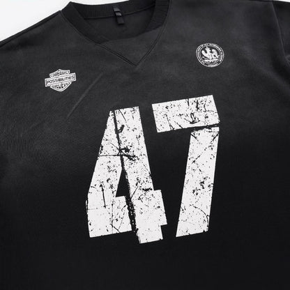 ビッグナンバー「47」プリント ヴィンテージ加工 ストリートロングTシャツ