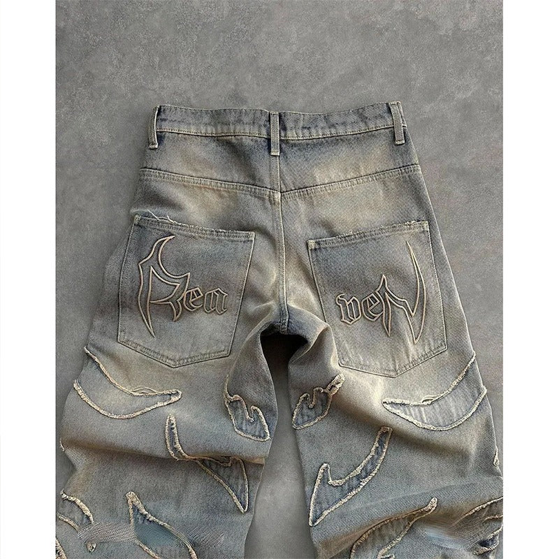 フレイムデザインワイドデニムパンツ バックスタイル ポケット刺繍ロゴ