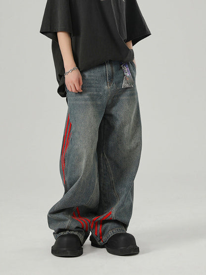 サイドラインワイドデニムパンツ フロントコーデ詳細 ヴィンテージユニセックス韓国 High land