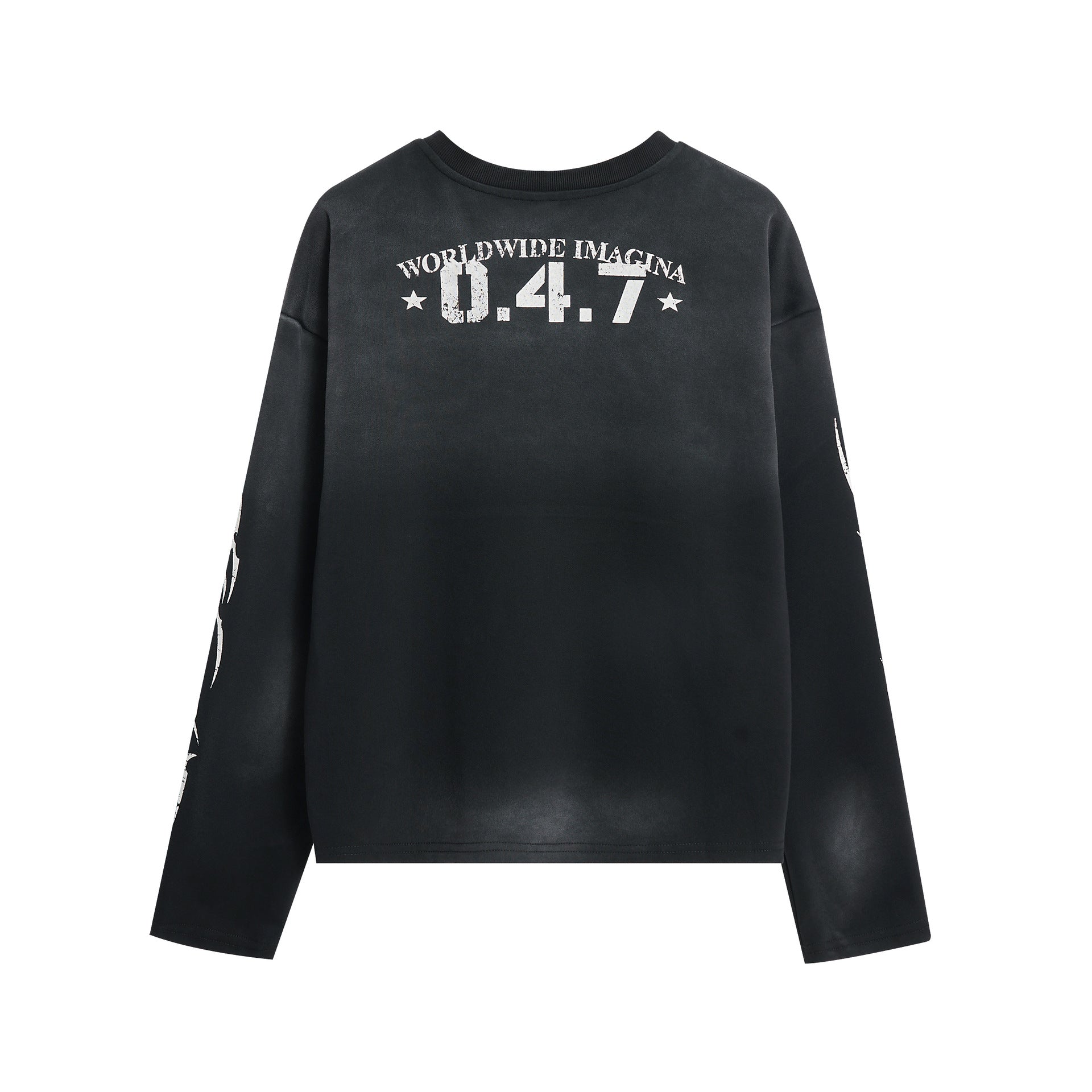 0.4.7プリント ユニセックス ブラック ヴィンテージロングT