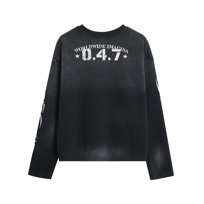 0.4.7プリント ユニセックス ブラック ヴィンテージロングT