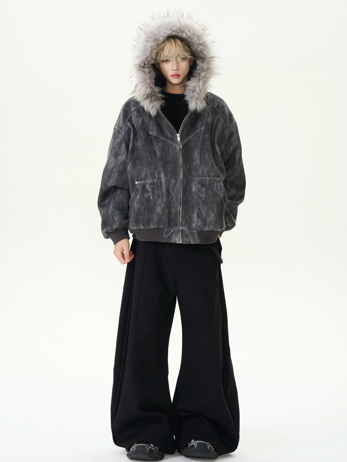 チャコール ユニセックス フェイクファーフードジャケット オーバーサイズコーデ Highland