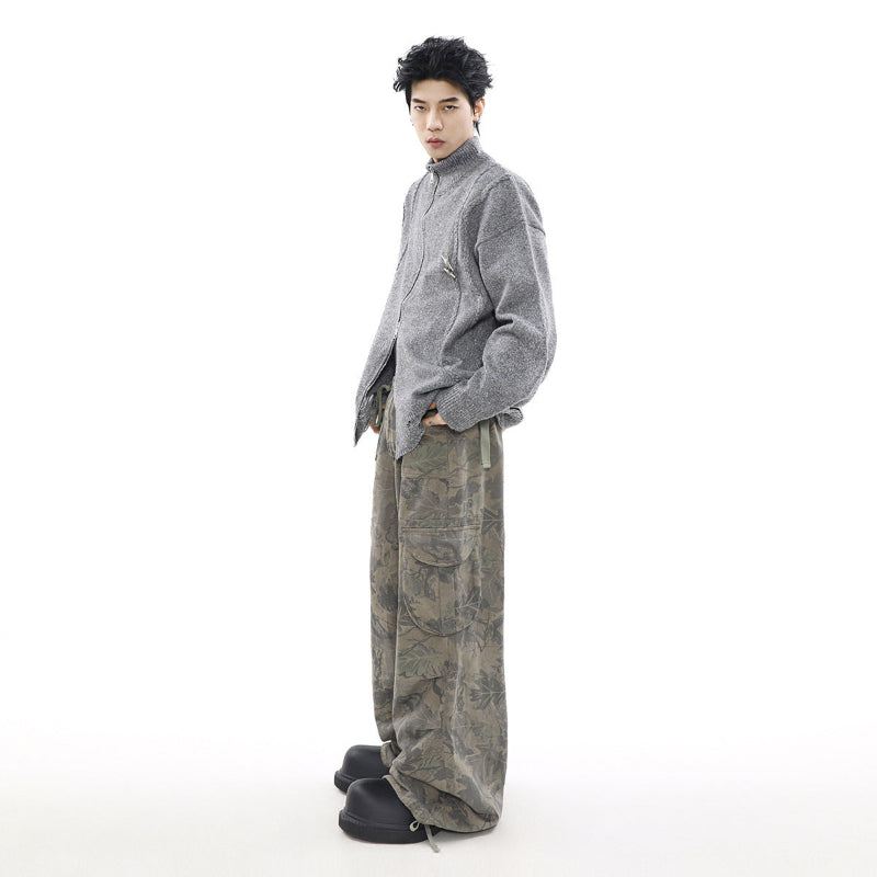 ダメージジップアップニットカーディガン グレー 着用 横向きコーデ High land