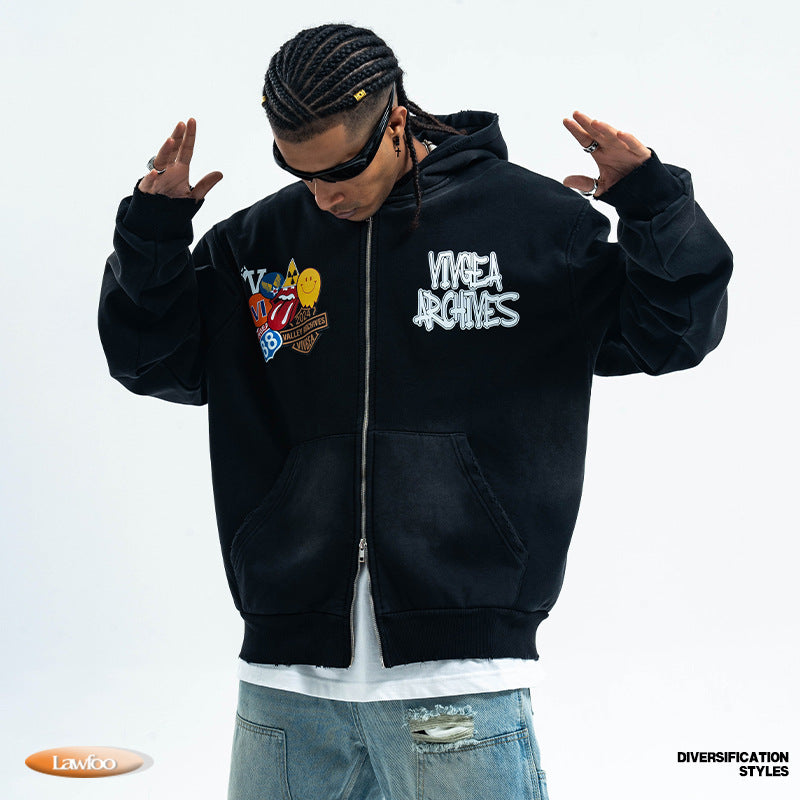 ヴィンテージワッペン刺繍フルジップパーカー ストリートコーデ 着用イメージ High land