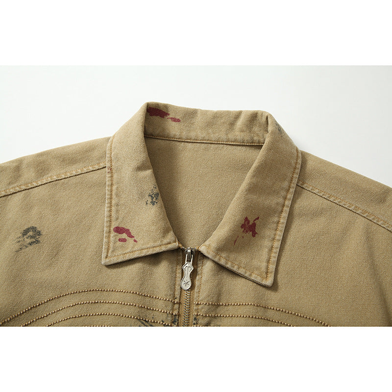 アートプリント ベージュジップアップジャケット｜ストリート系 メンズ