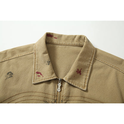 アートプリントベージュジャケット｜ストリート系ジップアップジャケット メンズ レディース