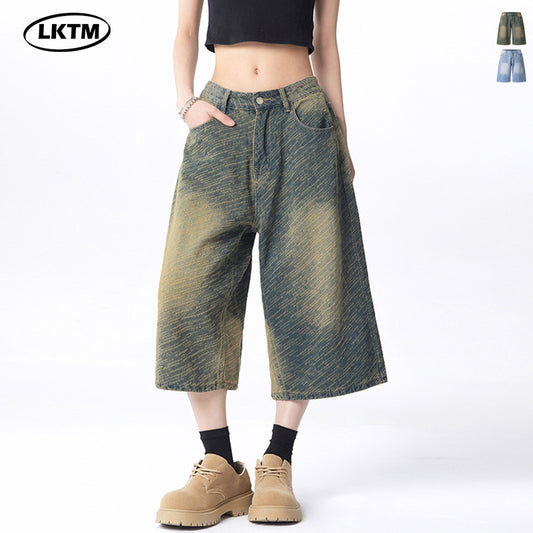 ワイドバミューダデニムパンツ 韓国ストリート 主役ボトム 個性派コーデ High land