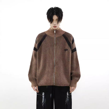 配色スタンドカラーニットブルゾン ブラウン 単品 前面ビッグシルエット Highland