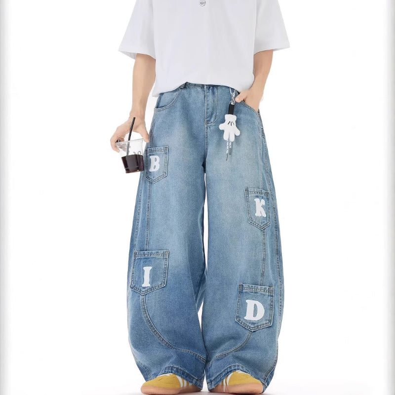 Street denim pants with key chain