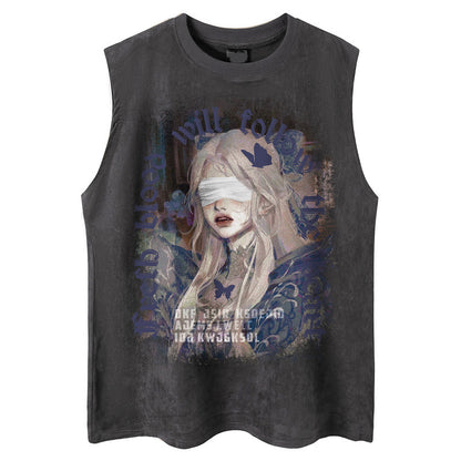 グラフィックガール ノースリーブTシャツ ブラック アーティスティックプリント Highland