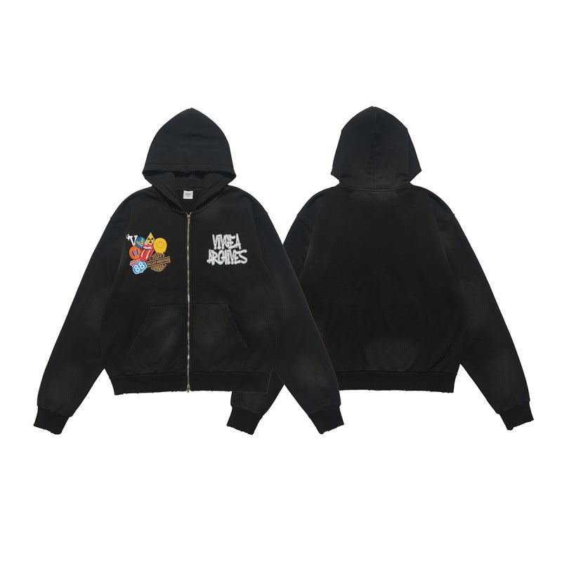 ヴィンテージワッペン刺繍フルジップパーカー ブラック ワッペン＆刺繍ロゴ 前後 High land