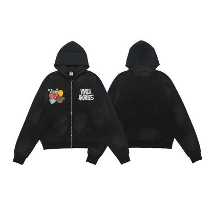 ヴィンテージワッペン刺繍フルジップパーカー ブラック ワッペン＆刺繍ロゴ 前後 High land