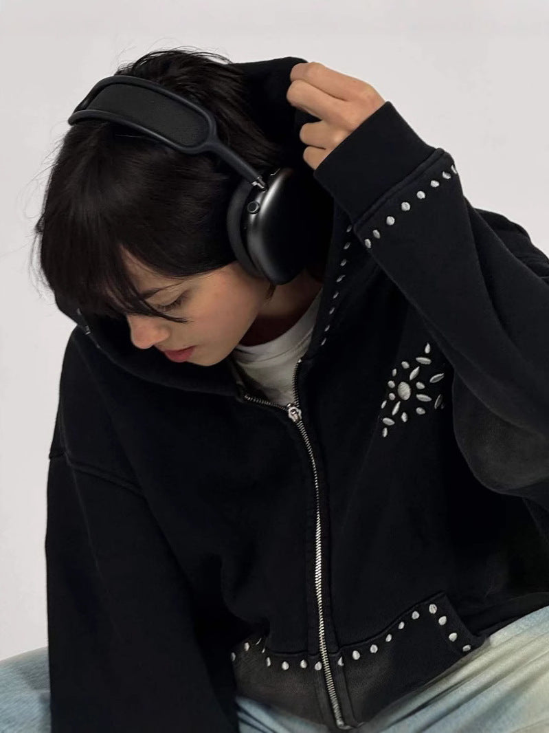 ブラック スタッズジップアップパーカー Y2Kストリート Highland