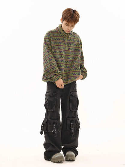 ワイドカーゴデニムパンツ ブラック 多ポケット ベルトディテール 全身コーデ ストリートファッション