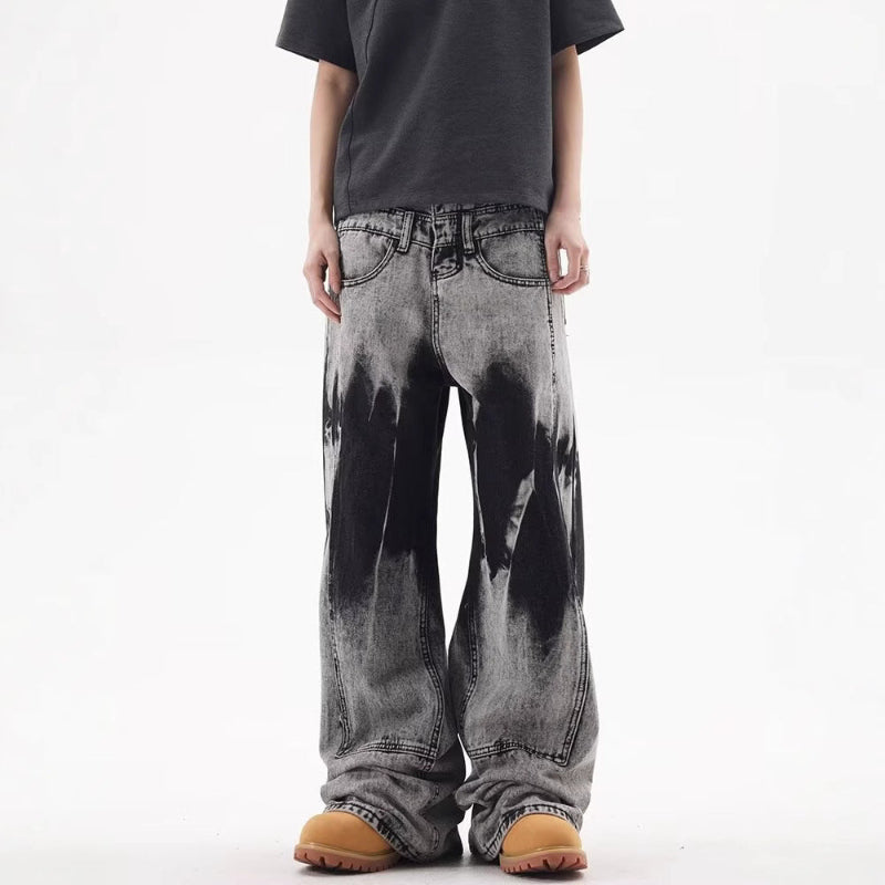 バイカラーブリーチワイドデニムパンツ フロント全身コーデ Y2Kストリート Highland