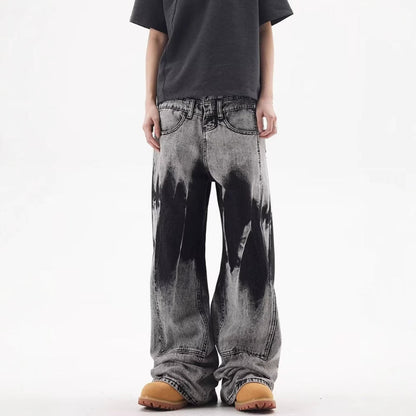 バイカラーブリーチワイドデニムパンツ フロント全身コーデ Y2Kストリート Highland