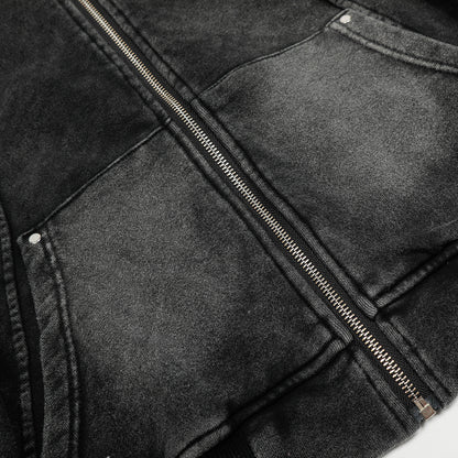 ウォッシュドブラックのジップアップパーカー・大きなカンガルーポケット付き　High land