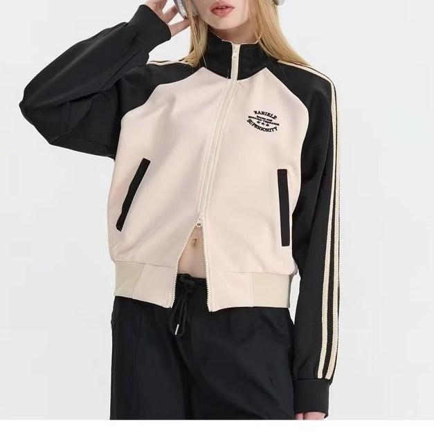 カラーブロック トラックジャケット アイボリー×ブラック 着用イメージ レディース