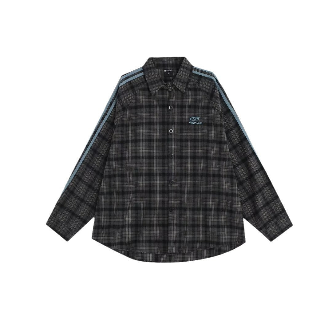 チェックシャツ サイドライン ダークグレーチェック 正面 High land
