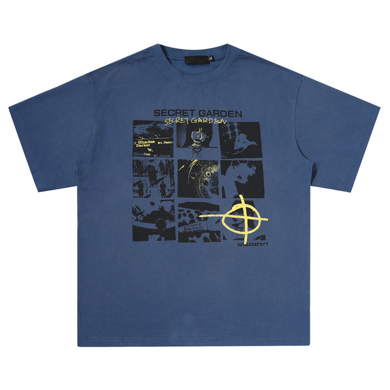 ブルー グラフィックTシャツ フロント コラージュプリント High land