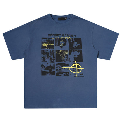 ブルー グラフィックTシャツ フロント コラージュプリント High land