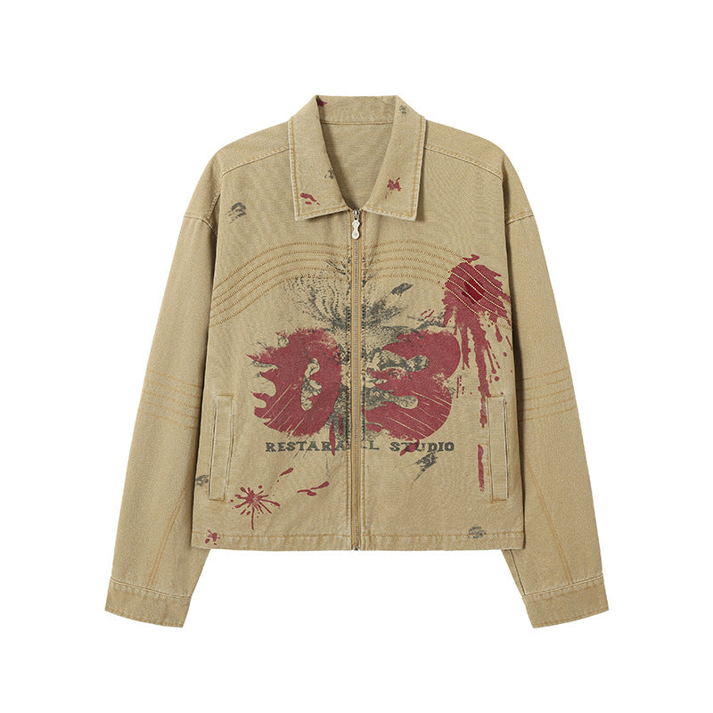 ベージュジップアップジャケット バックデザイン シンプル無地 ストリート系ユニセックスアウター正面