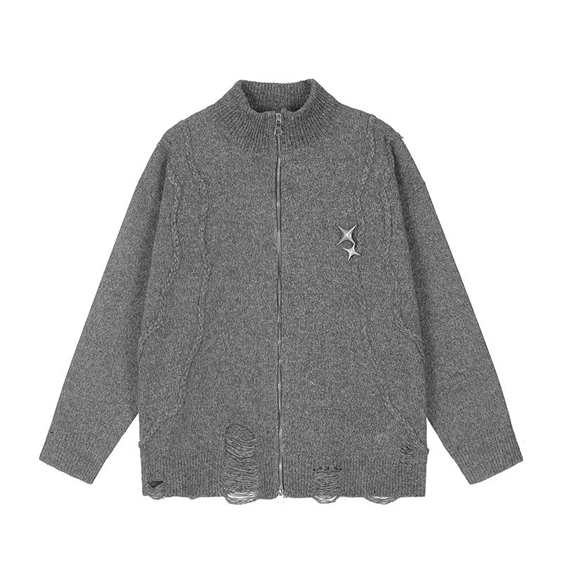 ダメージジップアップニットカーディガン グレー 単体 正面デザイン 高見え High land