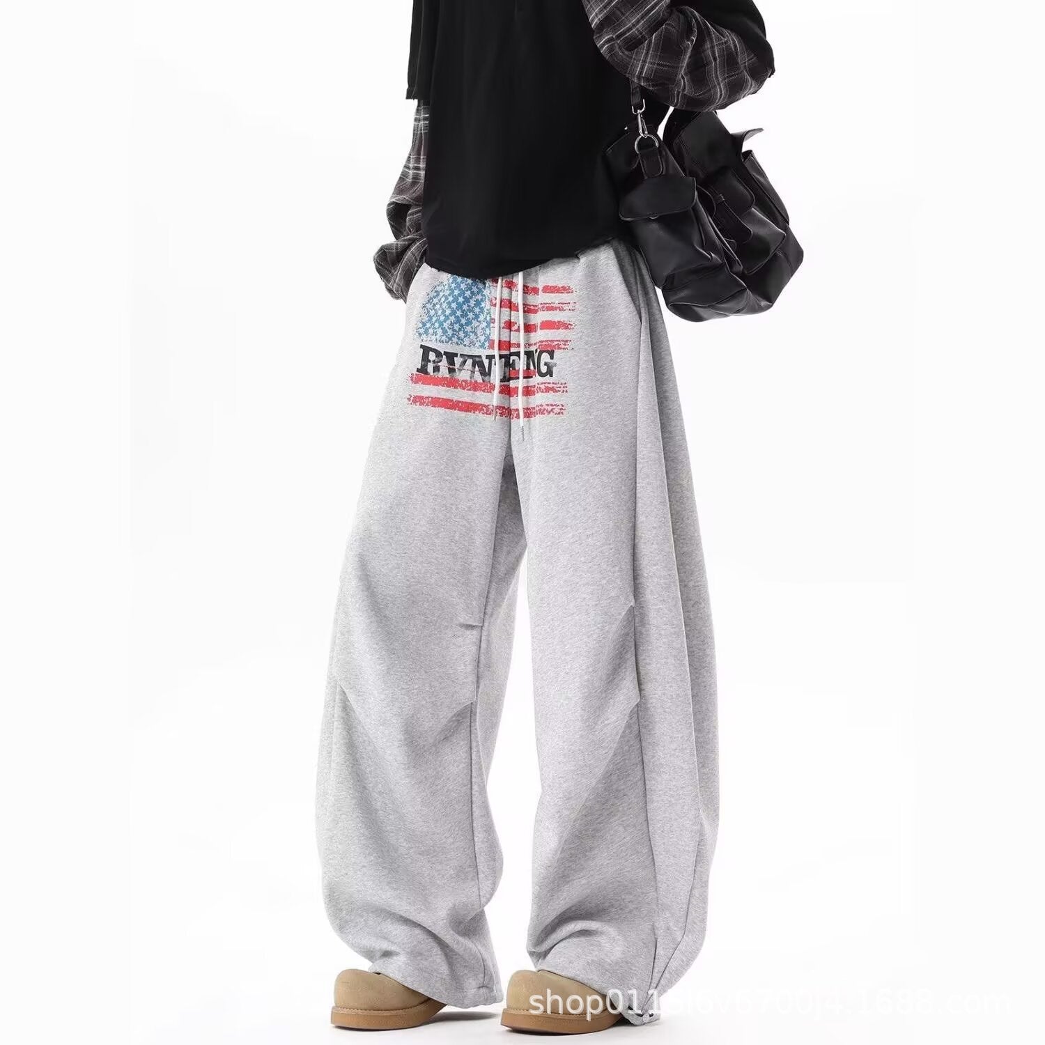 フラッグプリント ワイドスウェットパンツ プリントディテールアップ High land