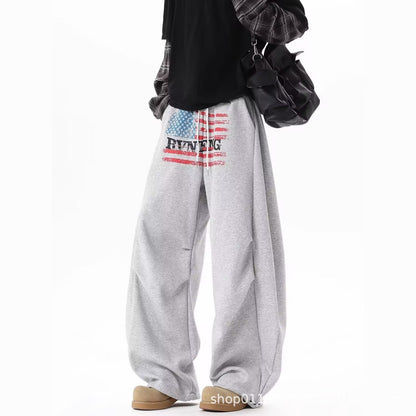 フラッグプリント ワイドスウェットパンツ プリントディテールアップ High land