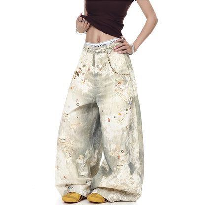 スパンコール ビーズ ワイドデニムパンツ フロントアップ 装飾ディテール High land