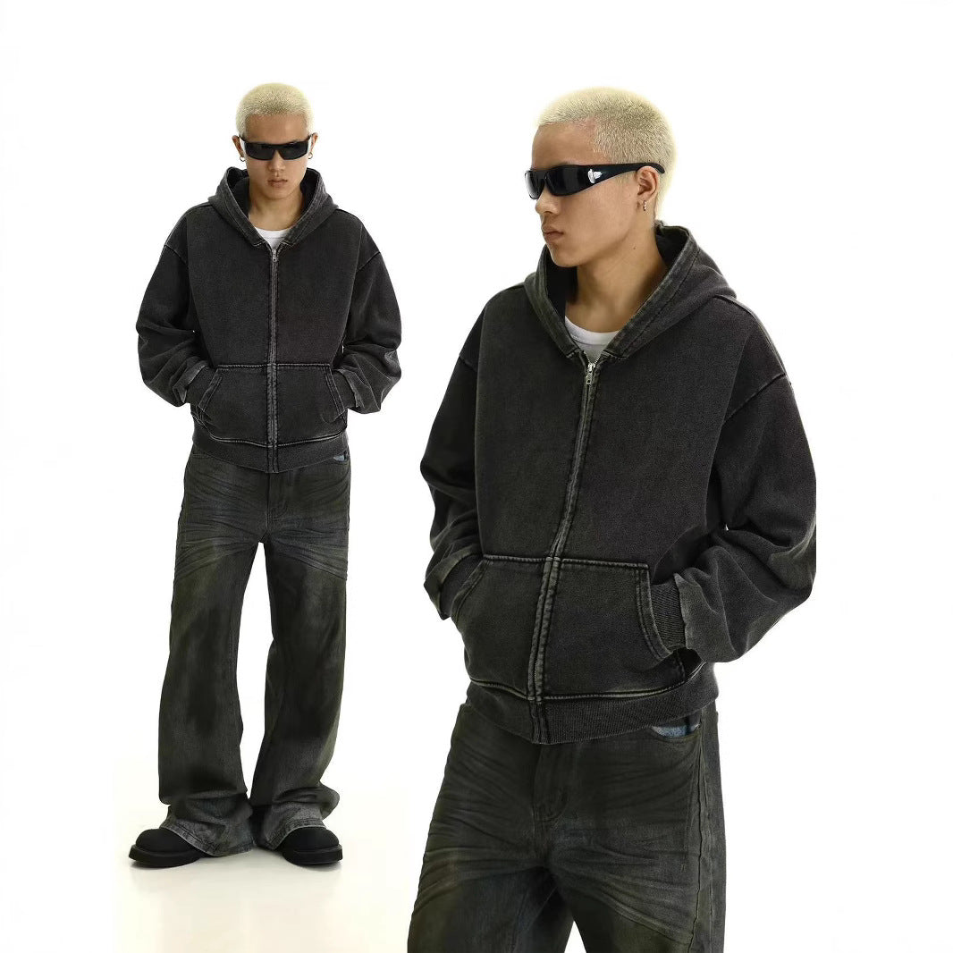 フルジップパーカー＆ワイドデニムパンツ ブラック 着用イメージ ストリート Highland