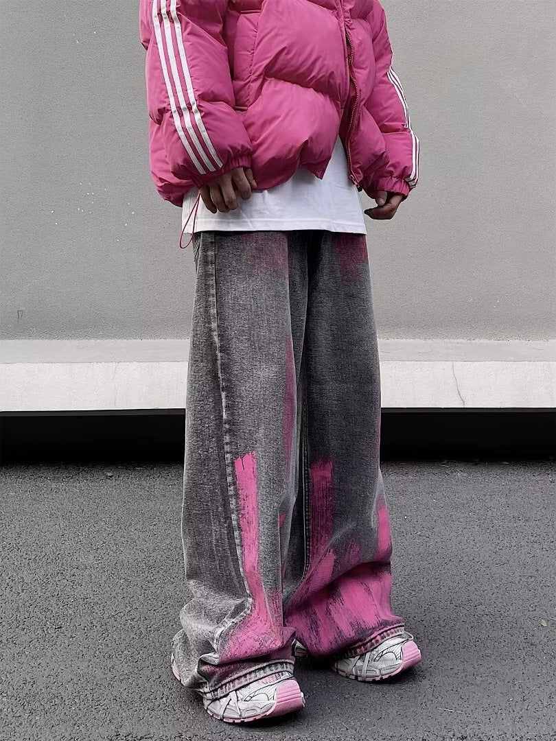 グレーデニム ピンクブラッシュ ワイドパンツ 全身コーデ ダウンジャケット合わせ High land
