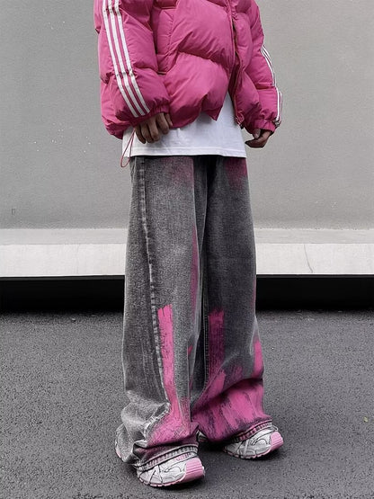 グレーデニム ピンクブラッシュ ワイドパンツ 全身コーデ ダウンジャケット合わせ High land
