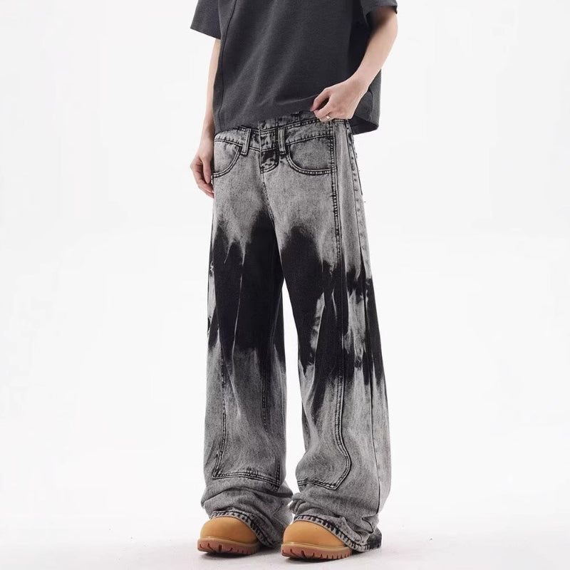 バイカラーブリーチワイドデニムパンツ サイド＆フロントディテール 韓国ファッション Highland