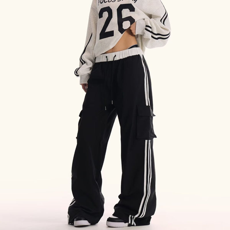 サイドライン カーゴワイドパンツ ブラック カーゴポケット詳細 ストリートユニセックス High land