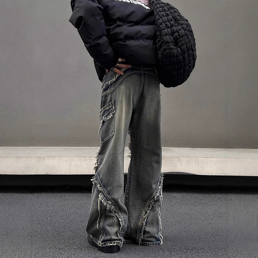 Fringe Detail Denim Pants - Gray