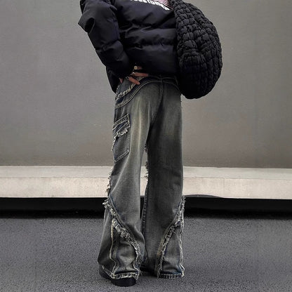 Fringe Detail Denim Pants - Gray